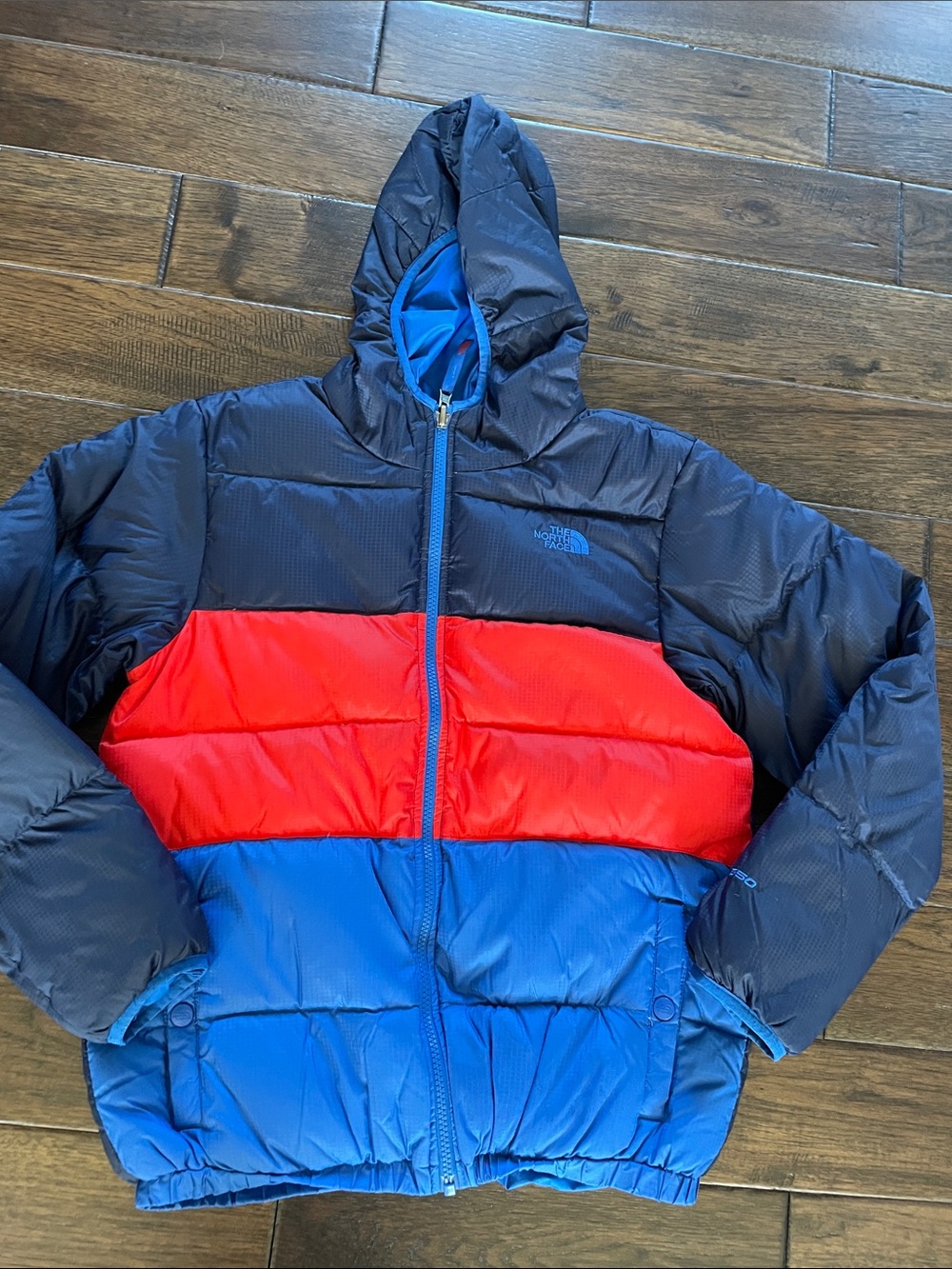 The North Face Men’s Navy, Red & Blue Colorblock Hooded Puffer